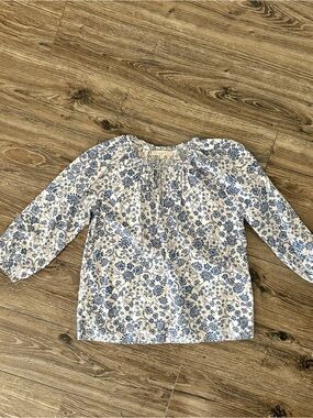 LOFT White Peasant Blouse with Blue Floral Print